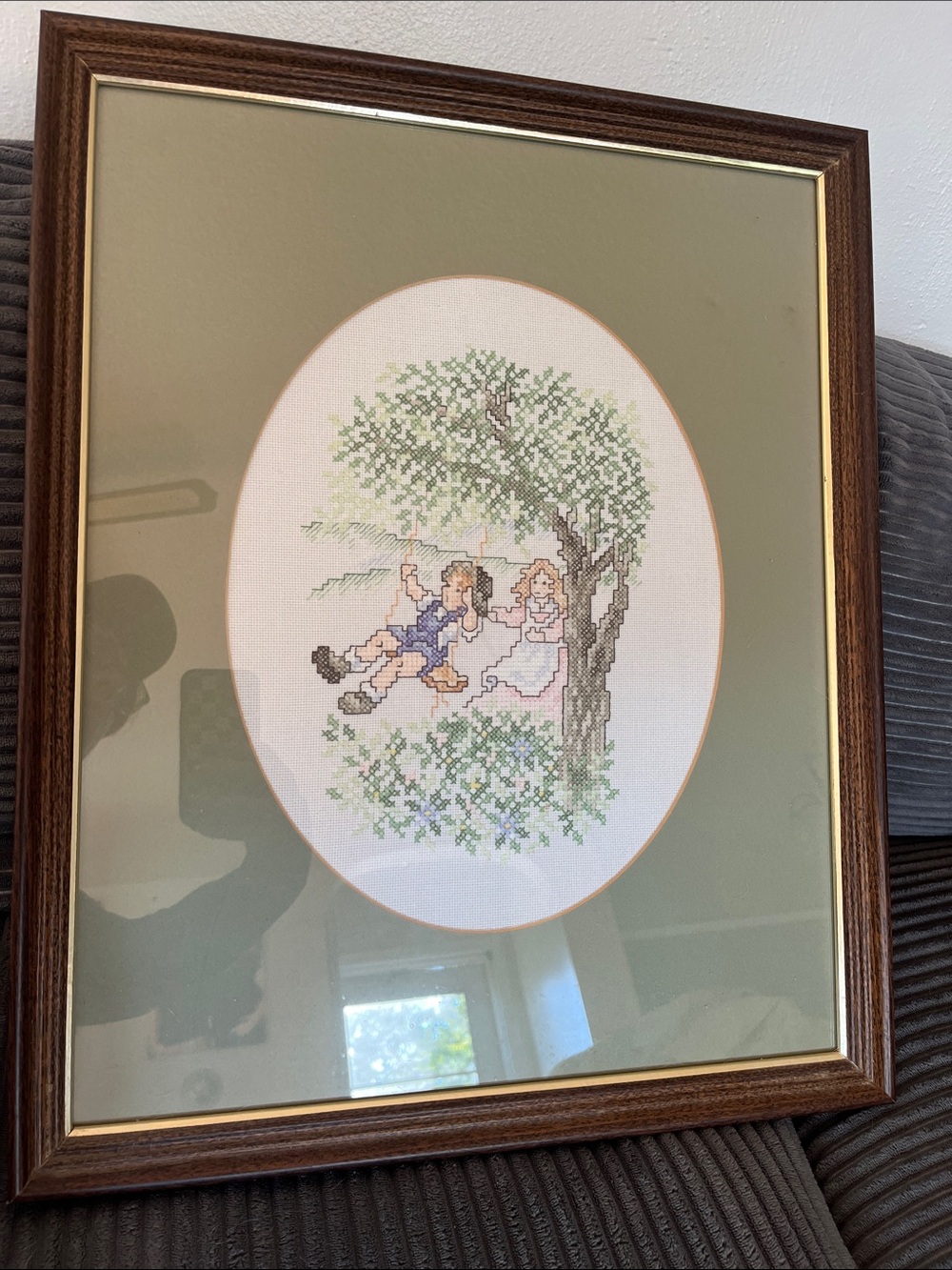1994 Framed Cross-Stitch Children on Swing Artwork - Green Mat